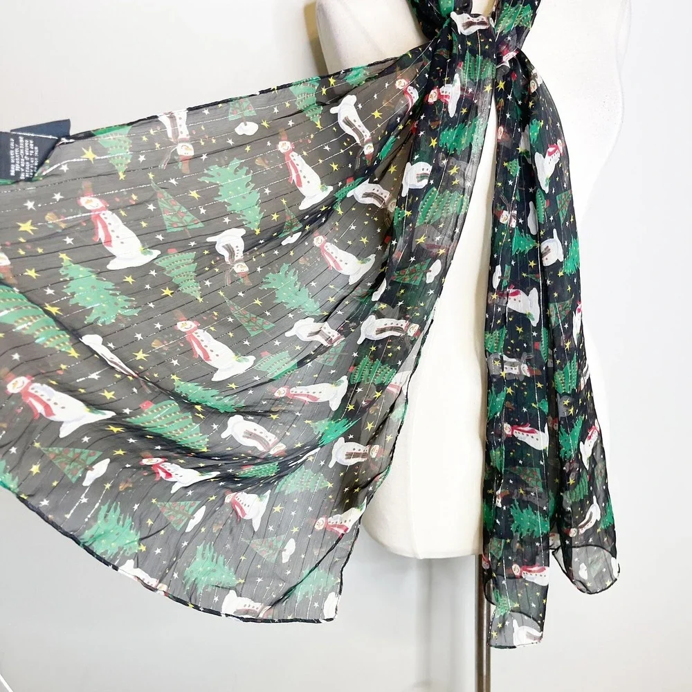NEW Cejon Holiday Scarf Christmas Tree Snowman Black Sheer Metallic Chiffon